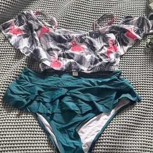 Flamingo Print Ruffle Bikini Top with Teal Ruffled High Waist Bottoms